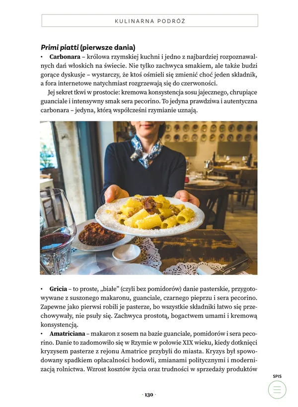 Strona o primi piatti z talerzem makaronu – „Rzym Food Tour”