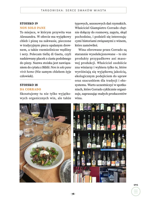 Strona z rozdziału o targowiskach – stoiska i wina – „Rzym Food Tour”